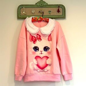 Sugar Thrillz CUTE AS A BUTTON COLLARED SWEATSHIRT Pink Kitten medium/large new